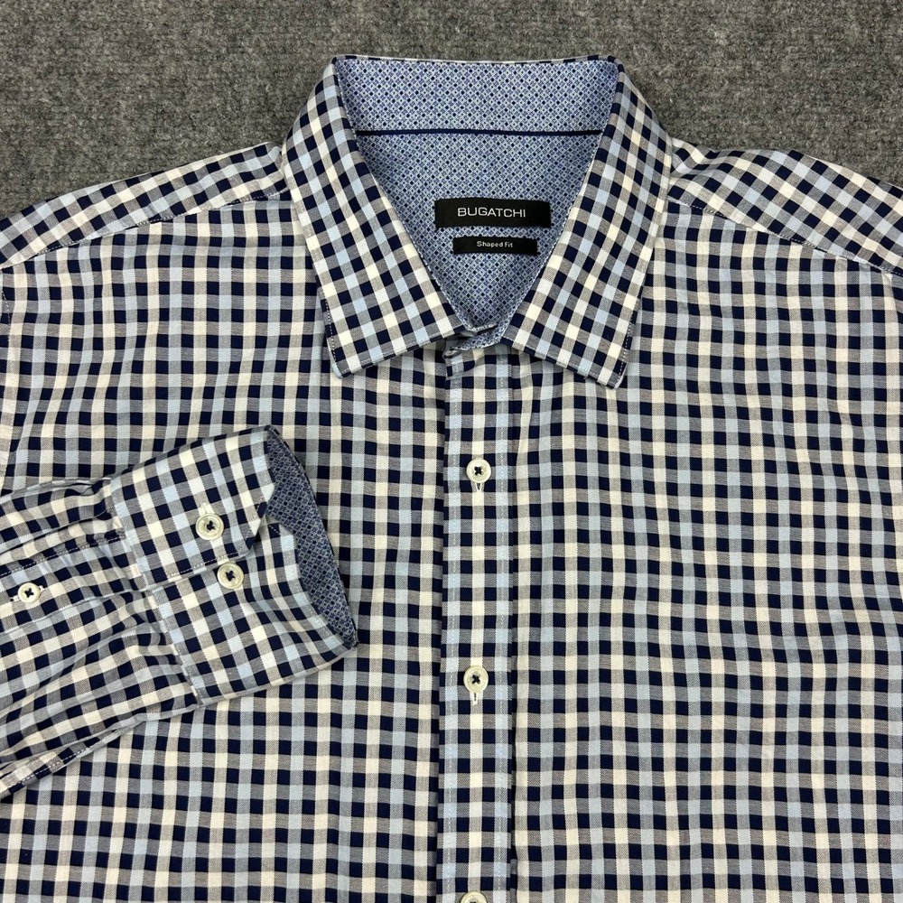 Bugatchi Button Down Mens XL Blue Gingham Shaped Fit Cotton Long Sleeve Shirt